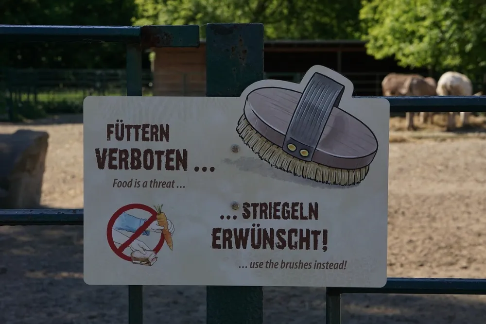 Technician fixing a sign board with instructions at an animal farm in Dubai.