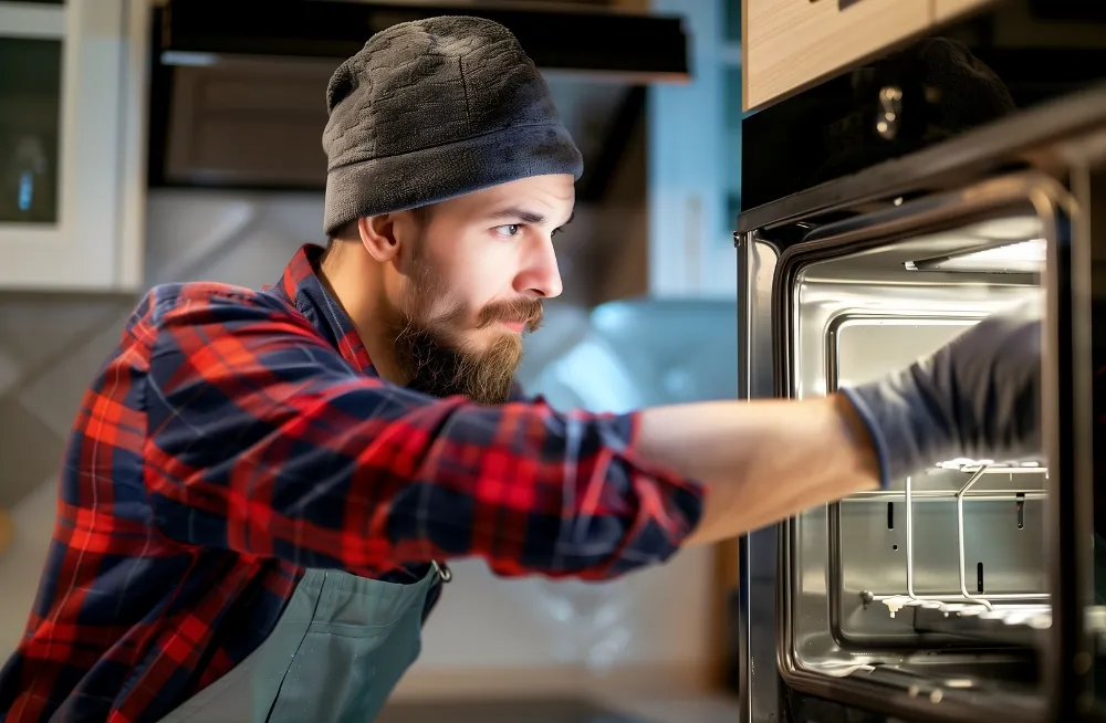 Technician performing oven repair on a commercial cooking range, ensuring proper functionality and safety in a kitchen.