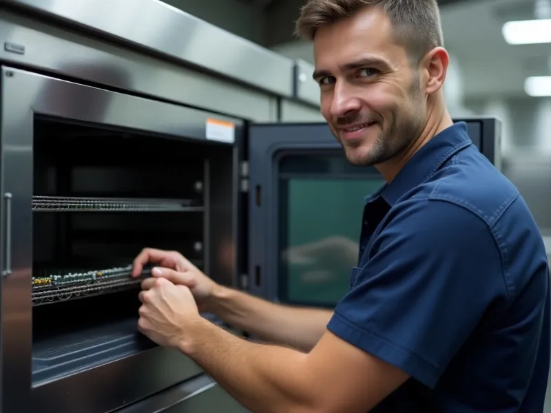 Technician repairing a commercial microwave oven in Dubai kitchen