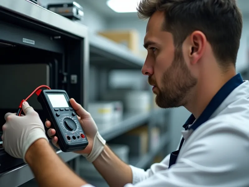 Technician using a multimeter for microwave repair in Dubai kitchen