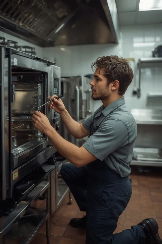 Technician repairing a commercial microwave in Dubai kitchen