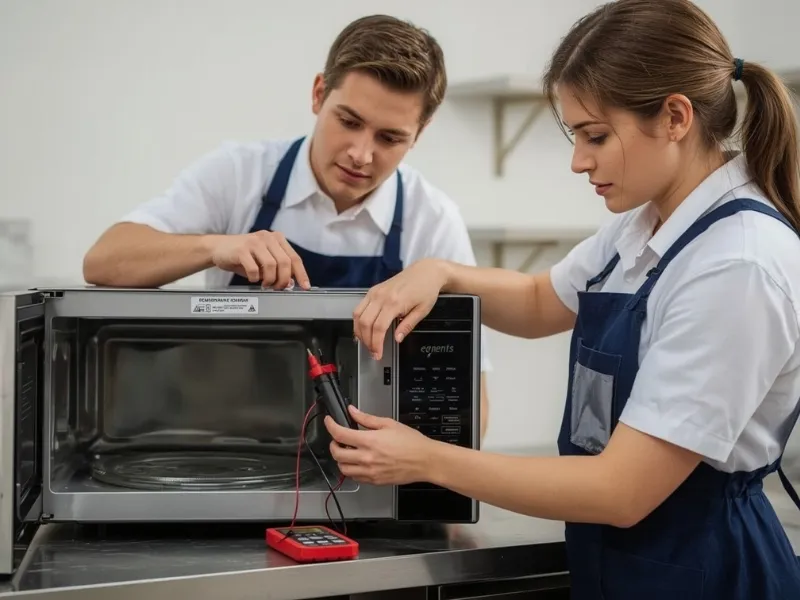 Two technicians repairing a commercial microwave oven in Dubai