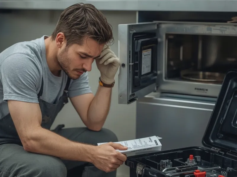 Technician troubleshooting a commercial microwave in Dubai kitchen