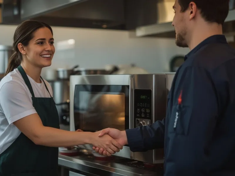Technician shaking hands with restaurant owner after commercial microwave repair in Dubai