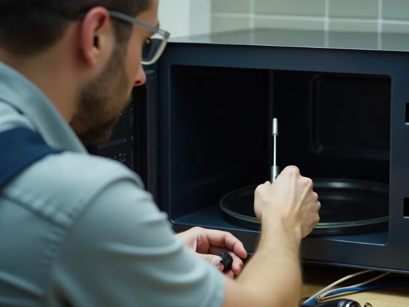 Technician repairing a commercial microwave oven in Dubai kitchen