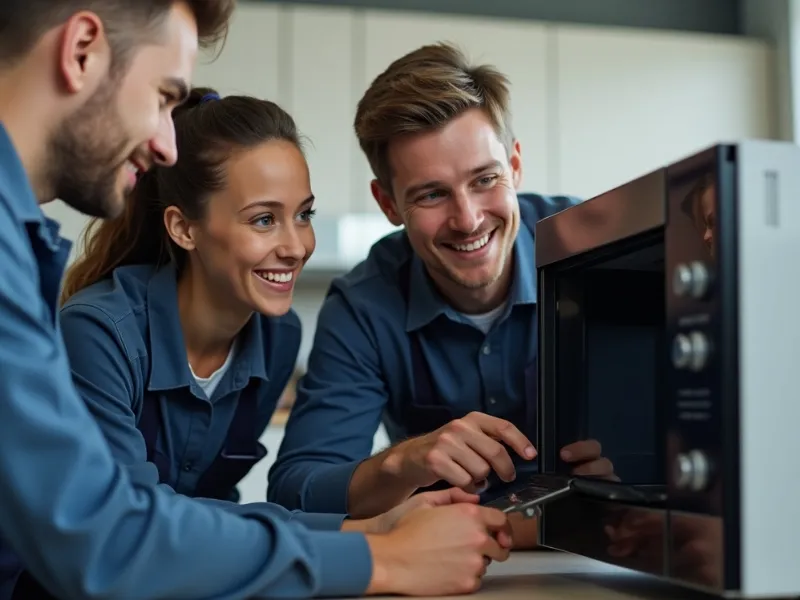 Team of technicians smiling after repairing a commercial microwave in Dubai