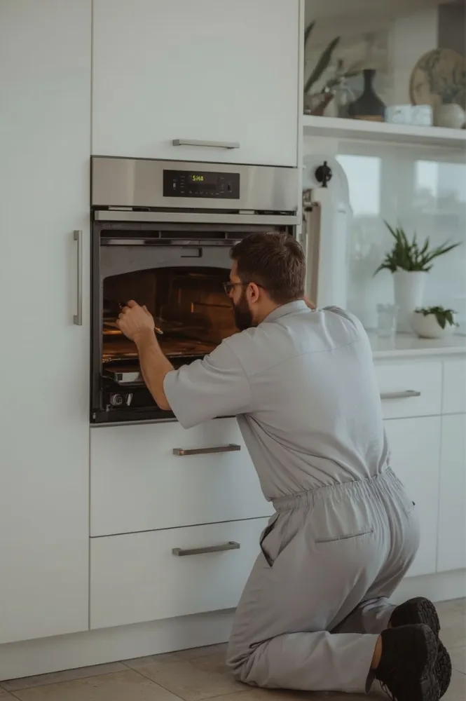 A worker inspecting a pizza oven