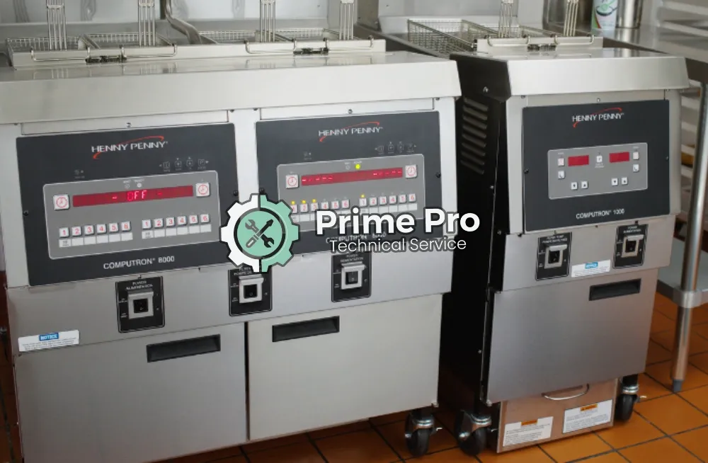 Two Henny Penny commercial deep fryers, models COMPUTRON® 8000 and 1000, with digital control panels and a Prime Pro Technical Service watermark, ideal for repair services in Dubai.