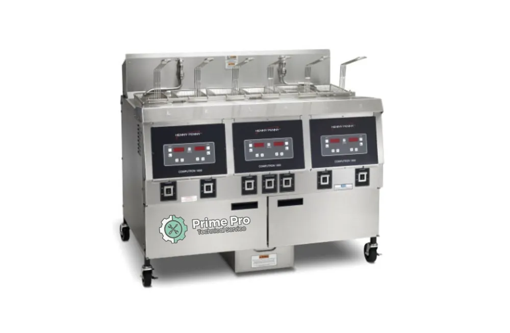 Stainless steel Henny Penny Computron 1000 commercial deep fryer with three frying vats, digital control panels, and Prime Pro Technical Service branding, ideal for repair services in Dubai.