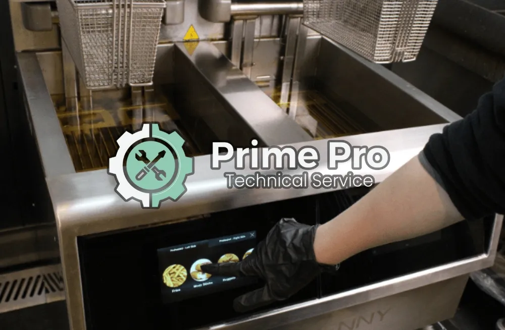 Stainless steel Henny Penny deep fryer with dual vats, touch-screen controls, and a gloved hand interacting with the panel, branded with Prime Pro Technical Service for repair in Dubai.