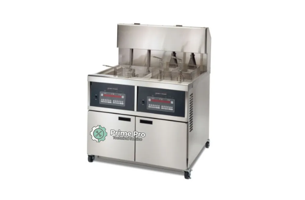 Stainless steel commercial deep fryer with dual frying vats, digital timer controls, and Prime Pro Technical Service branding, ideal for repair and maintenance in Dubai.