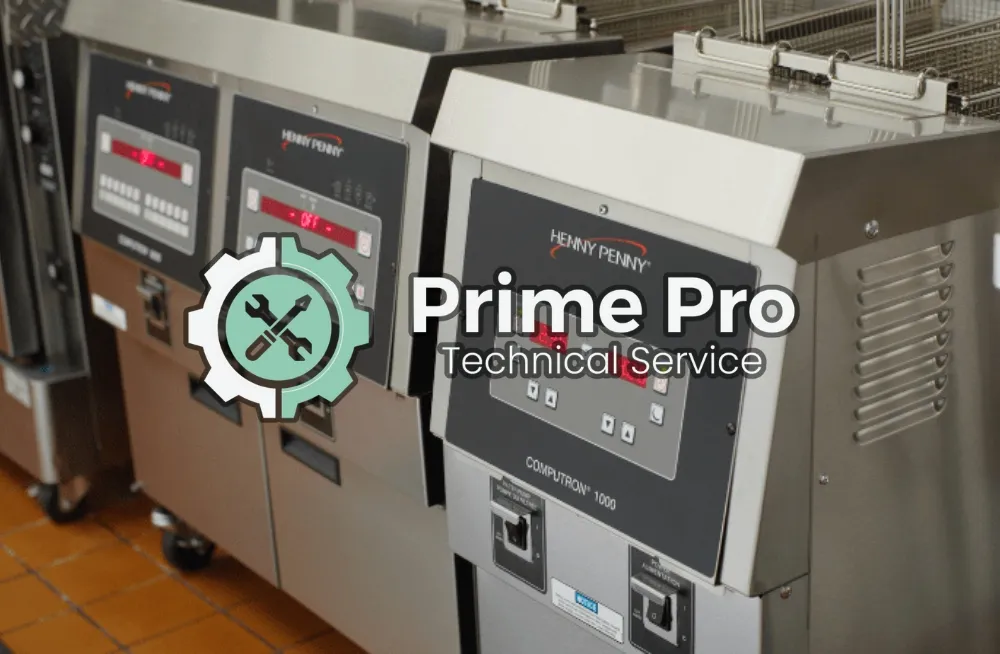 Two Henny Penny Computron 1000 commercial deep fryers with digital control panels, overlaid with Prime Pro Technical Service branding, ideal for repair and maintenance in Dubai.