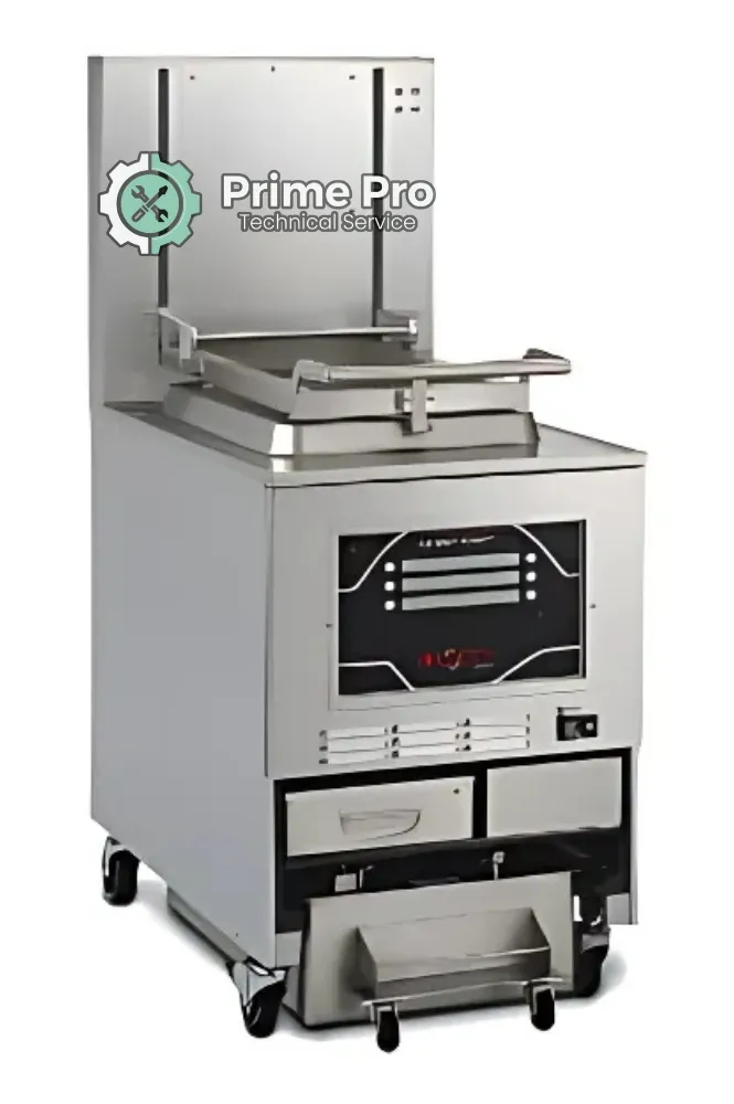 Stainless steel commercial pressure fryer with advanced control panel, oil collection tray, and Prime Pro Technical Service branding, ideal for repair and maintenance in Dubai.
