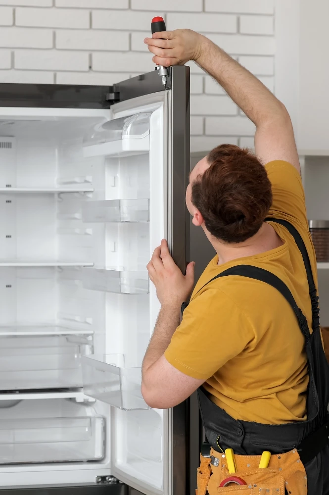 Professional refrigerator repair technician inspecting cooling unit
